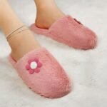 Pantoufle Mignons À Fleurs, Chaussures Décontractées Doublées De Peluche