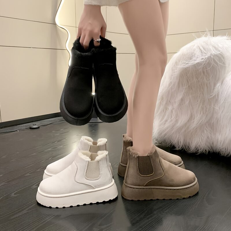 Pantoufle Bottes De Neige À Plateforme  À Enfiler Doublées En Peluche De Couleur Unie
