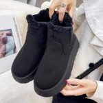 Pantoufle Bottes De Neige À Plateforme  À Enfiler Doublées En Peluche De Couleur Unie - noir, 9