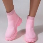 Pantoufle Bottines tricotées à plateforme de couleur unie - Rose, 9.5