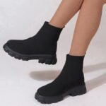 Pantoufle Bottines tricotées à plateforme de couleur unie - noir, 9.5