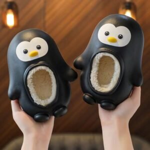 Pantoufle mignons et chauds pour enfants avec motif de pingouin - noir, 2 Big kid